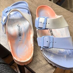 Birkenstock Arizona Two-Strap Sandals in Light Blue, Peach & Cream